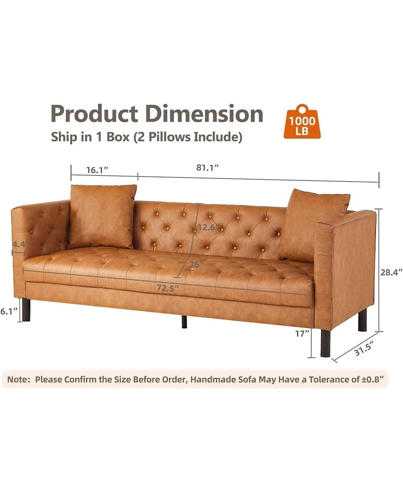 gaomon 81" Faux Leather Sofa with 2 Pillows, Button-Tufted 3 Seater Sofa, Mid-Century Modern Contemporary Upholstered Couch with Deep Seat