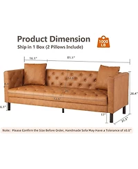 gaomon 81" Faux Leather Sofa with 2 Pillows, Button-Tufted 3 Seater Sofa, Mid-Century Modern Contemporary Upholstered Couch with Deep Seat