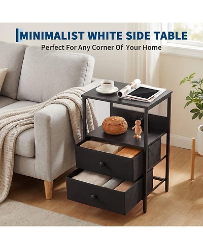 gaomon Modern White Nightstand with Charging Station, 2 Fabric Drawers Open Shelf Usb Type-c Ports Power Outlet Mdf Metal Bedroom End Table