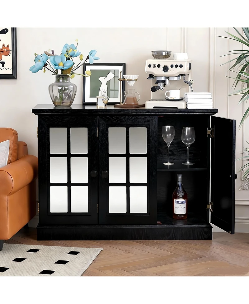 Clihome Buffet Sideboard Cabinet with 3 Mirrored Acrylic Doors, Adjustable Shelves Mdf Storage