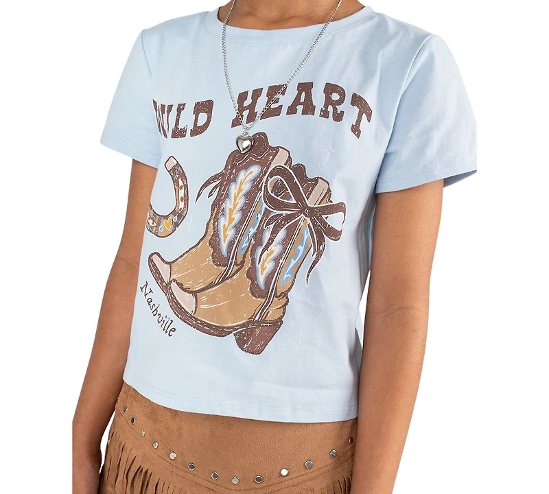 Tween Diva Girls' 7-12 Wild Heart Graphic T-Shirt and Studded Faux Suede Fringe Skort, 2-Piece Set