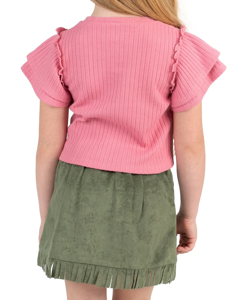 Rare Editions Girls' 2T-6X Applique Knit Top and Suede Fringe Skirt, 2-Piece Set