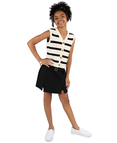Tween Diva Girls' 7-12 Striped Sweater Vest, Pleated Skort with Belt and Bow Hair Clip, 3-Piece Set