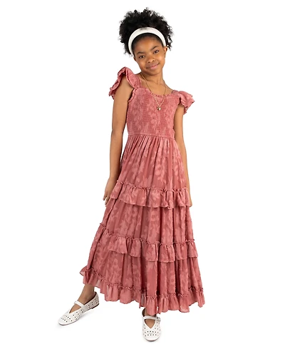 Rare Editions Girls' 7-14 Burnout Chiffon Smocked Sweetheart Neck Tiered Maxi Dress