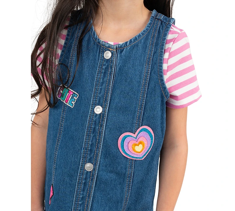 Rare Editions Girls' 2T-6X Striped T-Shirt and Patch Denim Jumper, 2-Piece Set