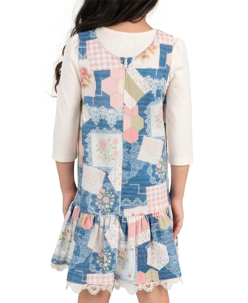 Rare Editions Girls' 2T-6X Long-Sleeve knit top and Patchwork Digital Print Jumper, 2-Piece Set