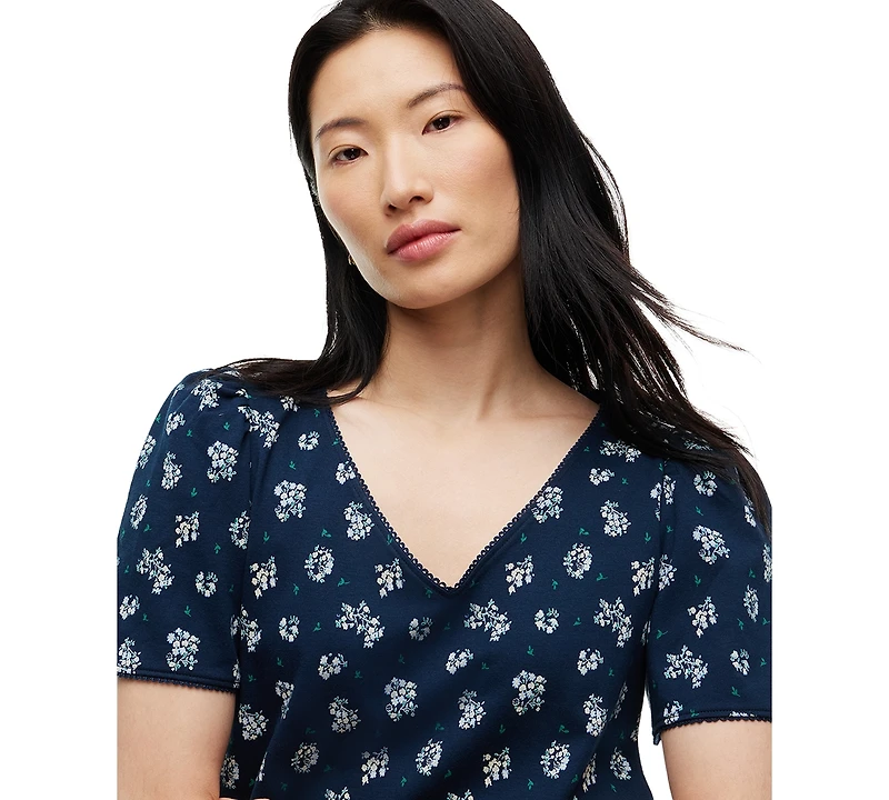 Tommy Hilfiger Women's Printed Contrast Trim Puff-Sleeve V-Neck Top