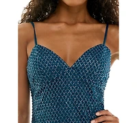 Seni & Cade Juniors' Beaded Glitter Diamond Pattern Sleeveless Short Slim Dress