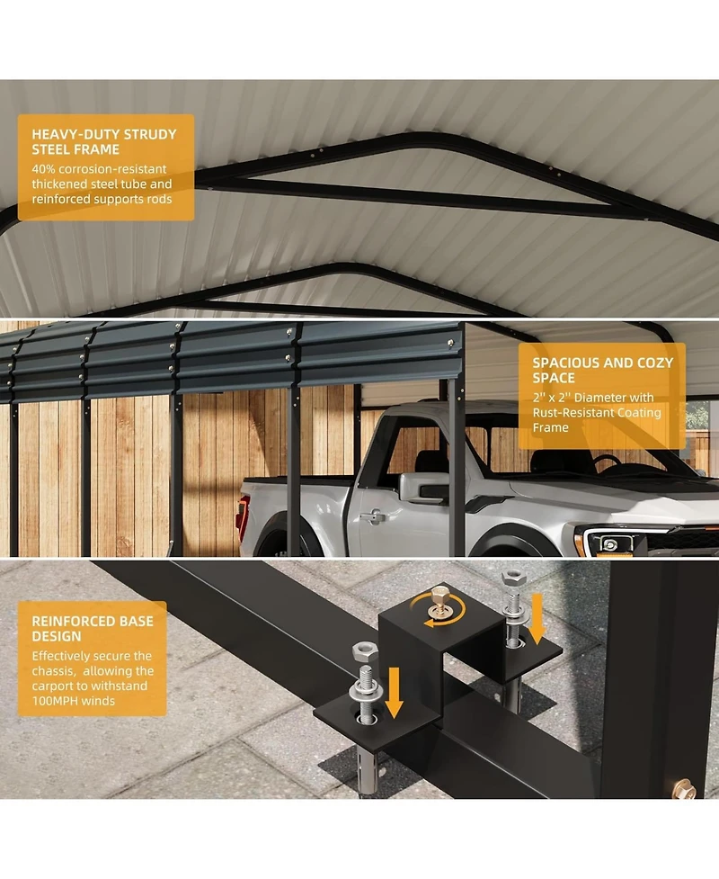 gaomon 12x20 feet Heavy Duty Carport and Metal Garage Kit with Galvanized Steel Roof, Anti-Leak Metal Carports for Vehicles