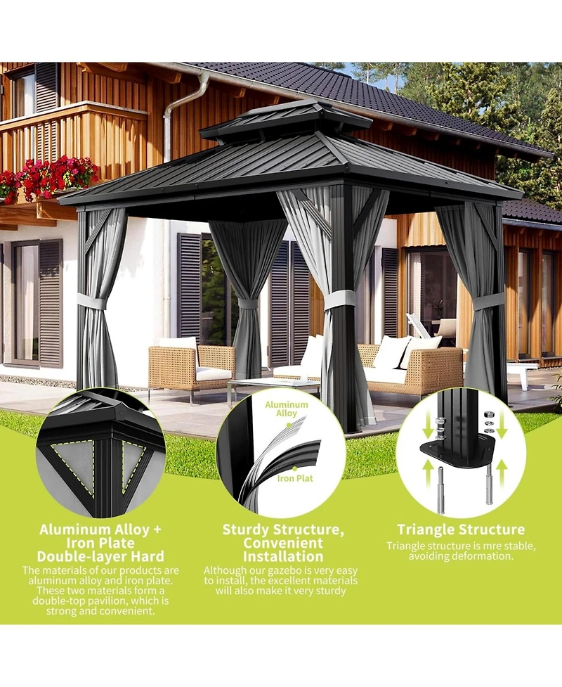 gaomon 10x10 Hardtop Gazebo with Netting and Curtains for All Weather, Metal Gazebo with Double Roof, Aluminum Alloy Frame