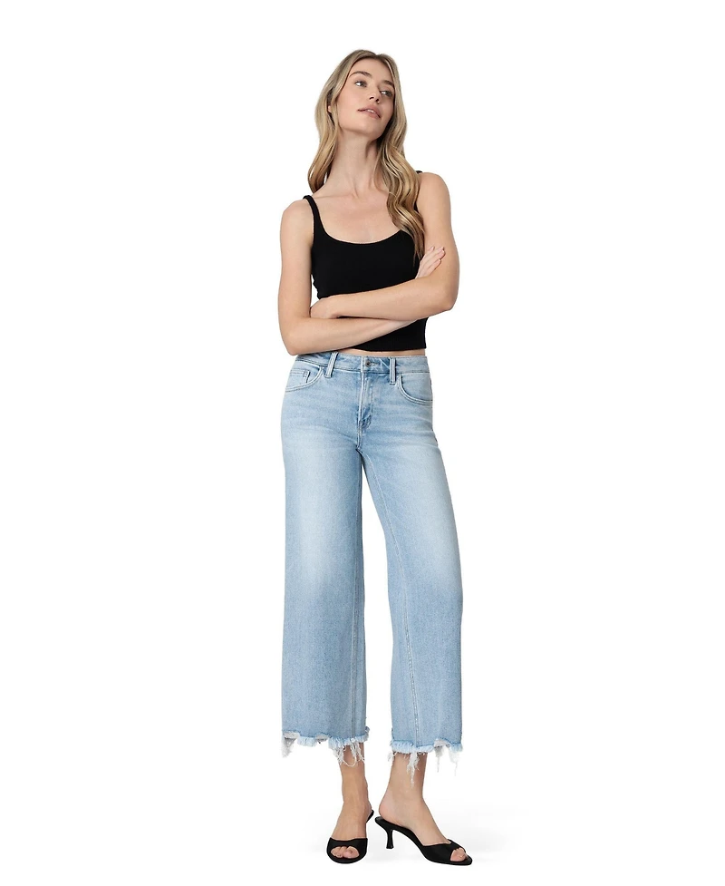 Vervet Women's Mid Rise Raw Distressed Hem Crop Wide Leg Jeans