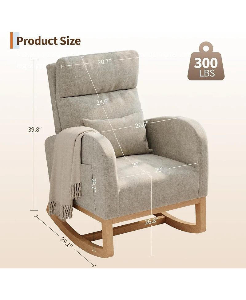 gaomon Linen Rocking Chair, Modern Nursery Glider Chair with Side Pockets and Pillow, Rocker Chair for Living Room Bedroom Nursing Room