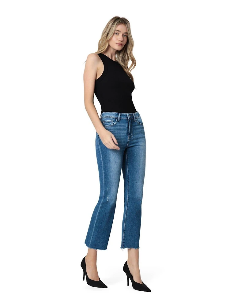 Flying Monkey Women's High Rise Raw Distressed Hem Kick Flare Jeans