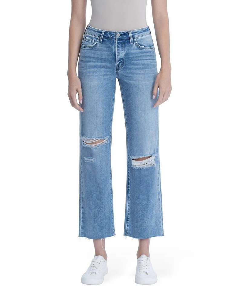 Flying Monkey Women's High Rise Raw Hem Crop Slim Wide Leg Jeans