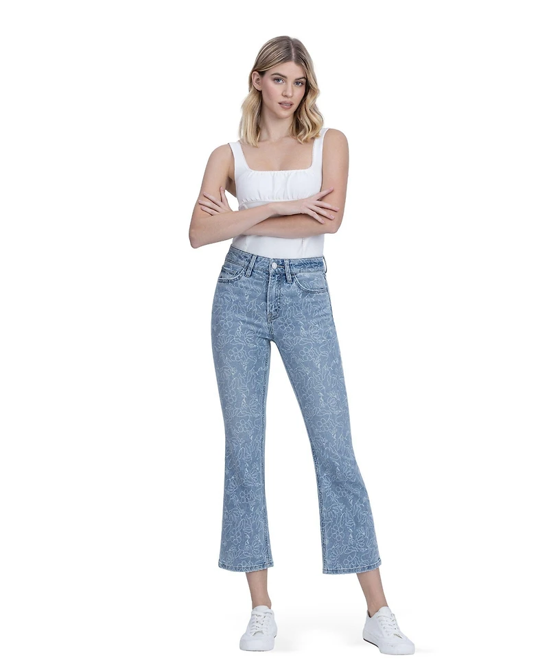 Vervet Women's High Rise Floral Print Crop Easy Flare Jeans