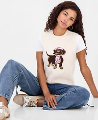 Hooked Up by Iot Juniors' Dog Intarsia Crewneck Sweater Vest