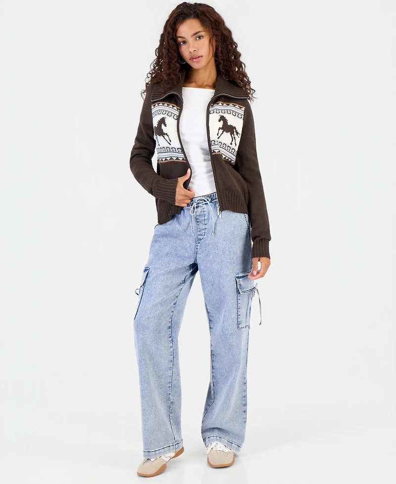Hooked Up by Iot Juniors' Double-Zip Collared Horse Motif Sweater