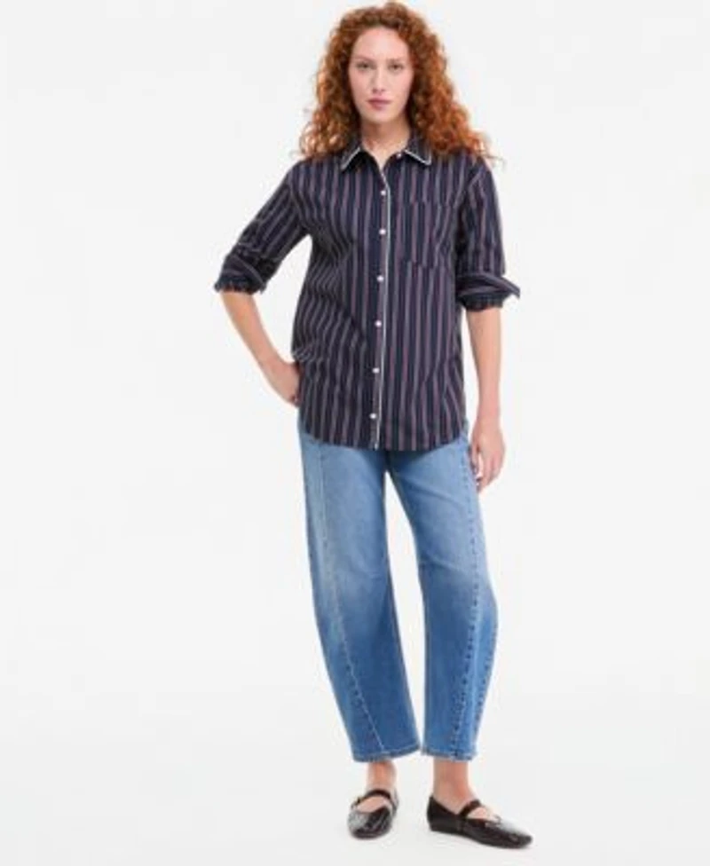 On 34th Womens Striped Poplin Long Sleeve Button Down Shirt Macys Exclusive