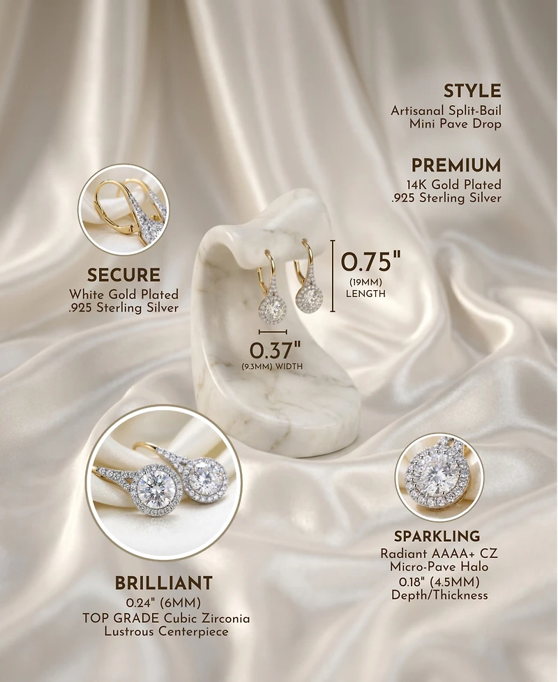 Sterling Silver Clear Round Cubic Zirconia Partially Paved and Haloed Solitaire Drop Earrings