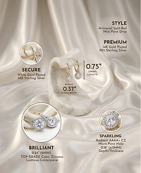 Sterling Silver Clear Round Cubic Zirconia Partially Paved and Haloed Solitaire Drop Earrings
