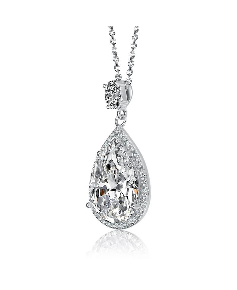 Genevive Sterling Silver White Gold Plated Clear Pear with Oval and Round Cubic Zirconia Accent Drop Necklace
