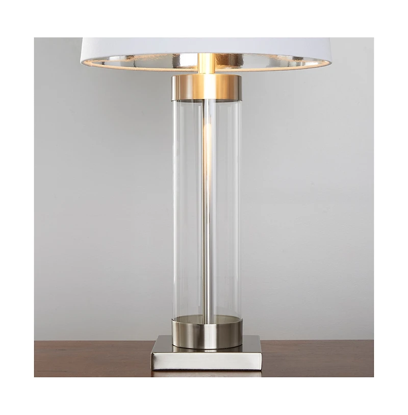 30" Contemporary Glass Table Lamp in Clear Glass and Brushed Nickel with White Linen Shade from Grandview Gallery - Set of 2