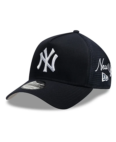 New Era Men's Navy New York Yankees Side Script 9FORTY A-Frame Trucker Adjustable Hat