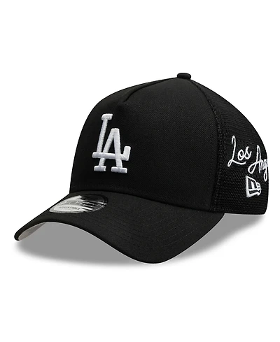 New Era Men's Black Los Angeles Dodgers Side Script 9FORTY A-Frame Trucker Adjustable Hat