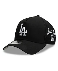 New Era Men's Black Los Angeles Dodgers Side Script 9FORTY A-Frame Trucker Adjustable Hat