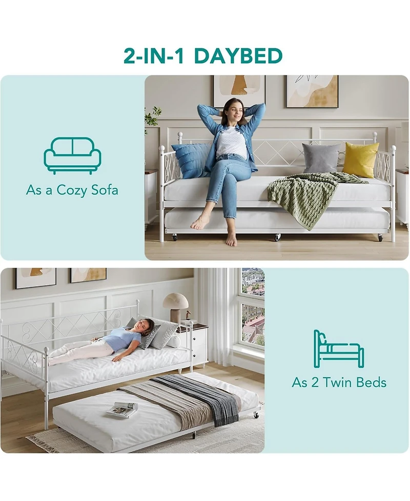 gaomon Twin Daybed with Trundle Frame, Metal Trundle Sofa Bed with Premium Steel Slat Support, Easy Assembly for Living Room, Bedroom