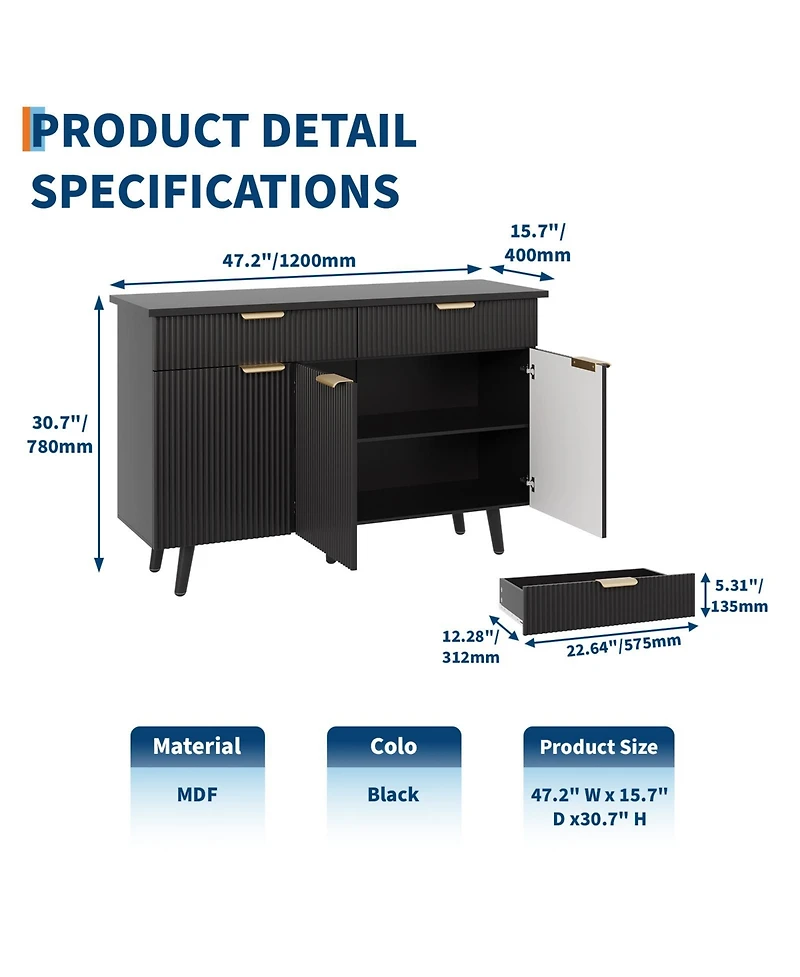 homfan Fluted Buffet Cabinet with Storage 3 Door Sideboard with Drawers Adjustable Shelves for Living Room, Dining Room