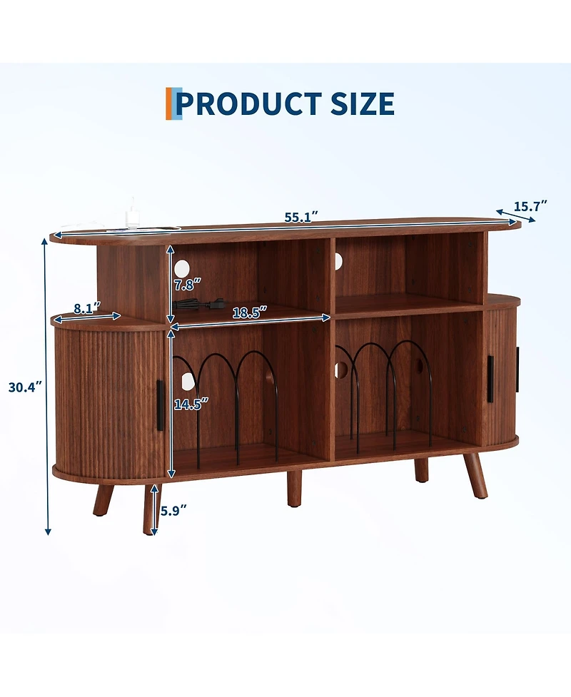 homfan 55 Inches Wide Mid-Century Round Record Player Stand with Charging Station, Usb Ports, and Ample Vinyl Storage