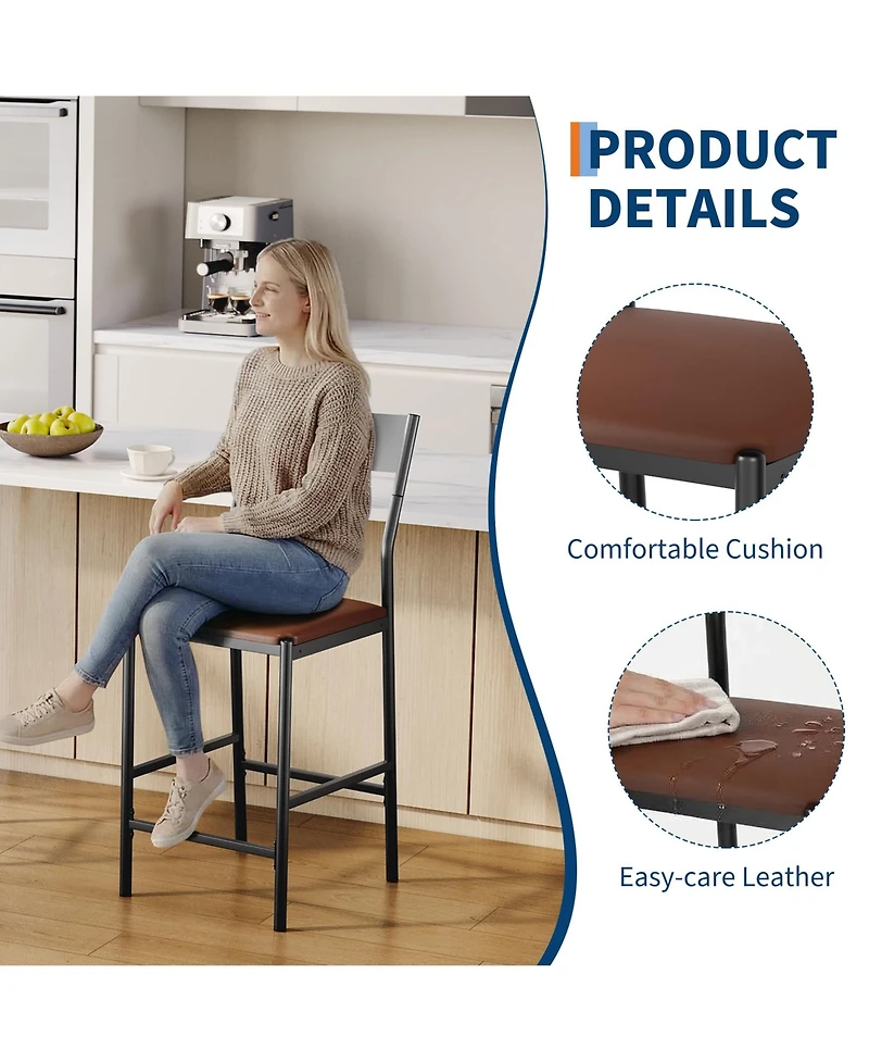 gaomon Modern Counter Height Bar Stools Set of 4, Pu Leather Kitchen Stools with Backrest and Footrest, 24 Inch & 26 Inch
