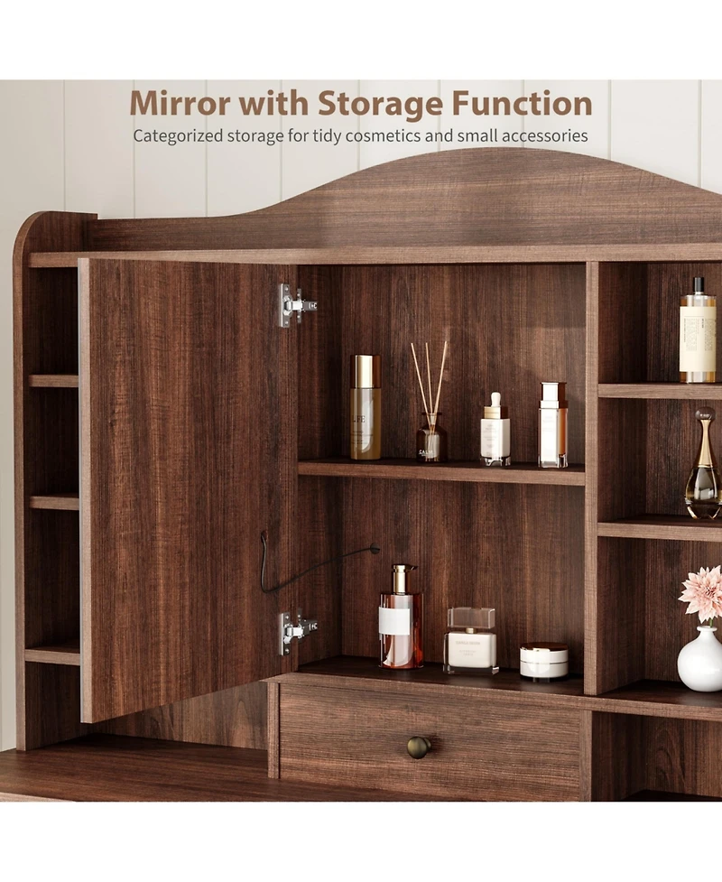 gaomon Farmhouse Makeup Vanity Table Set with Led Lighted Mirror, Charging Station and 10 Storage Drawers, Complete Vanity Desk with Cushioned Stool