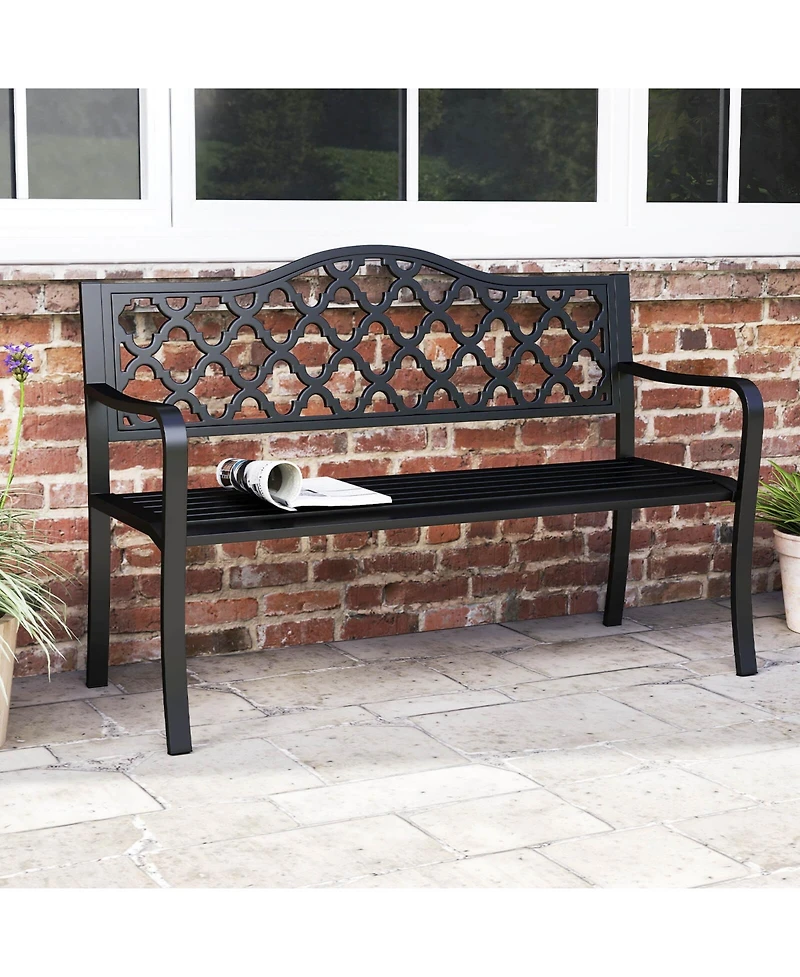 Costway Patio Bench Slatted Metal Garden Bench for 2-3 People Park-Style Loveseat