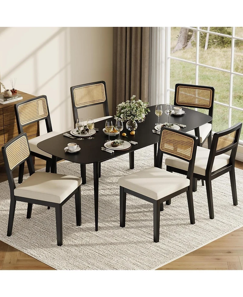 gaomon Rattan Dining Chairs Set of 6, French Country Upholstered Dining Chairs Wood Frame, Rattan Backrest