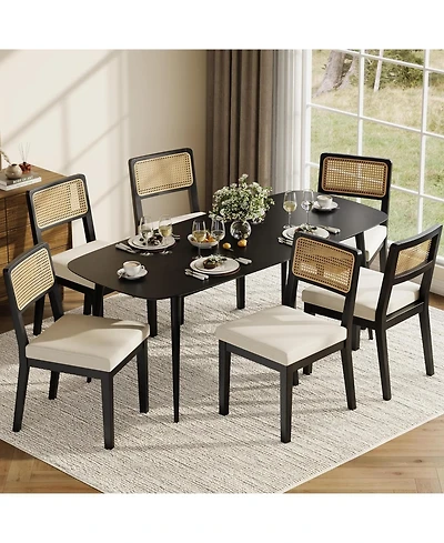 gaomon Rattan Dining Chairs Set of 6, French Country Upholstered Dining Chairs Wood Frame, Rattan Backrest