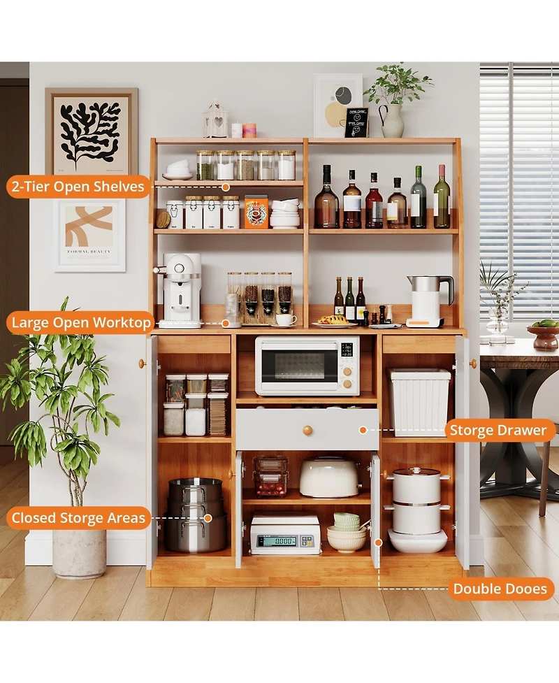 homfan Freestanding Kitchen Pantry with Drawers, Wood Sideboard Buffet with Doors, Adjustable Shelves and Storage Rack, Coffee Bar Station for Kitchen