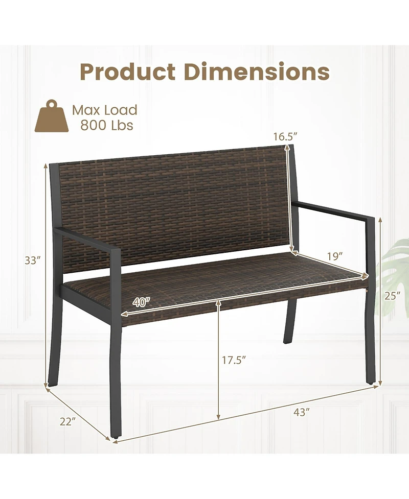 Gymax Patio Wicker Loveseat with Soft Sponge Seat 800 Lbs Heavy Duty Outdoor Bench