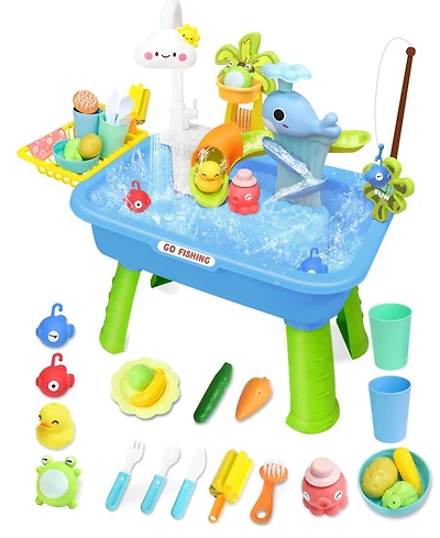 Gnuadz 4-in-1 Electric Water Table Play Sink Running Faucet Sensory Fishing Game