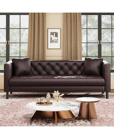 gaomon 81 Leather Couch, Handmade Button Tufted 3 Seater Sofa, Chesterfield Sofa with Deep Seat and 2 Pillows, Leather Sofa for Living Room Apartment