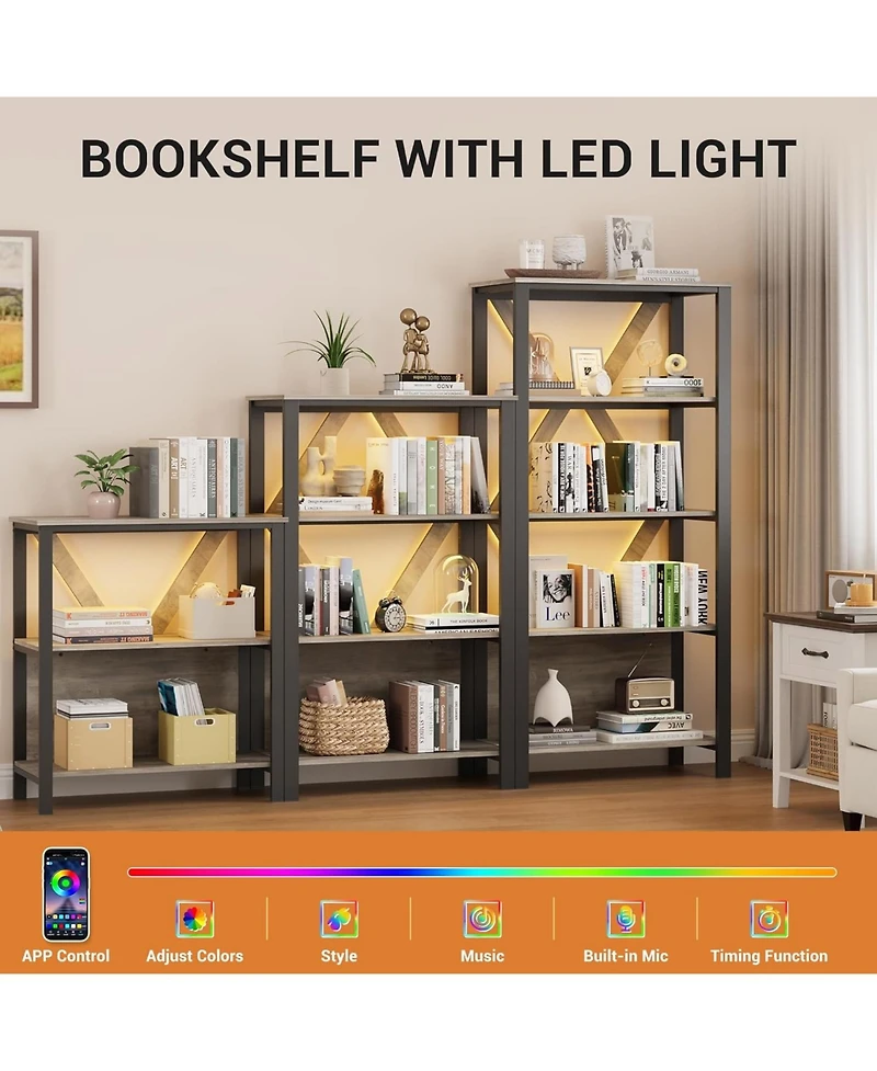 gaomon 4 Tier Industrial Bookshelf with Led Lights, Metal Display Book Case, Open Book Shelf Organizer