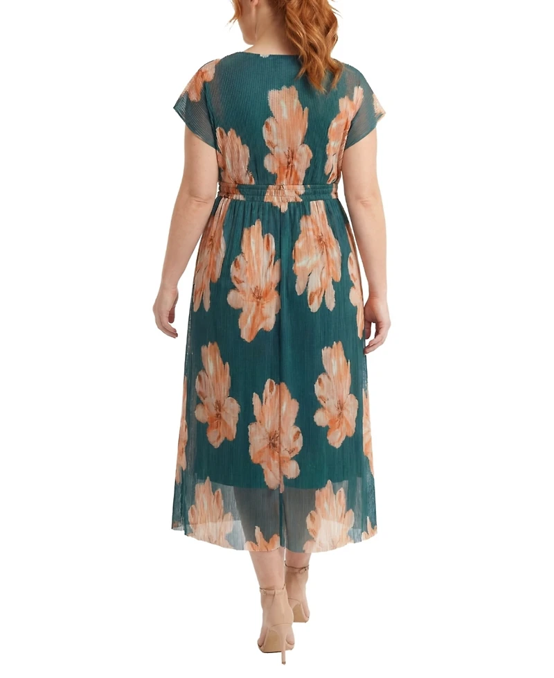 London Times Plus Pleated Surplice-Neck Fit & Flare Dress