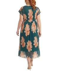 London Times Plus Pleated Surplice-Neck Fit & Flare Dress