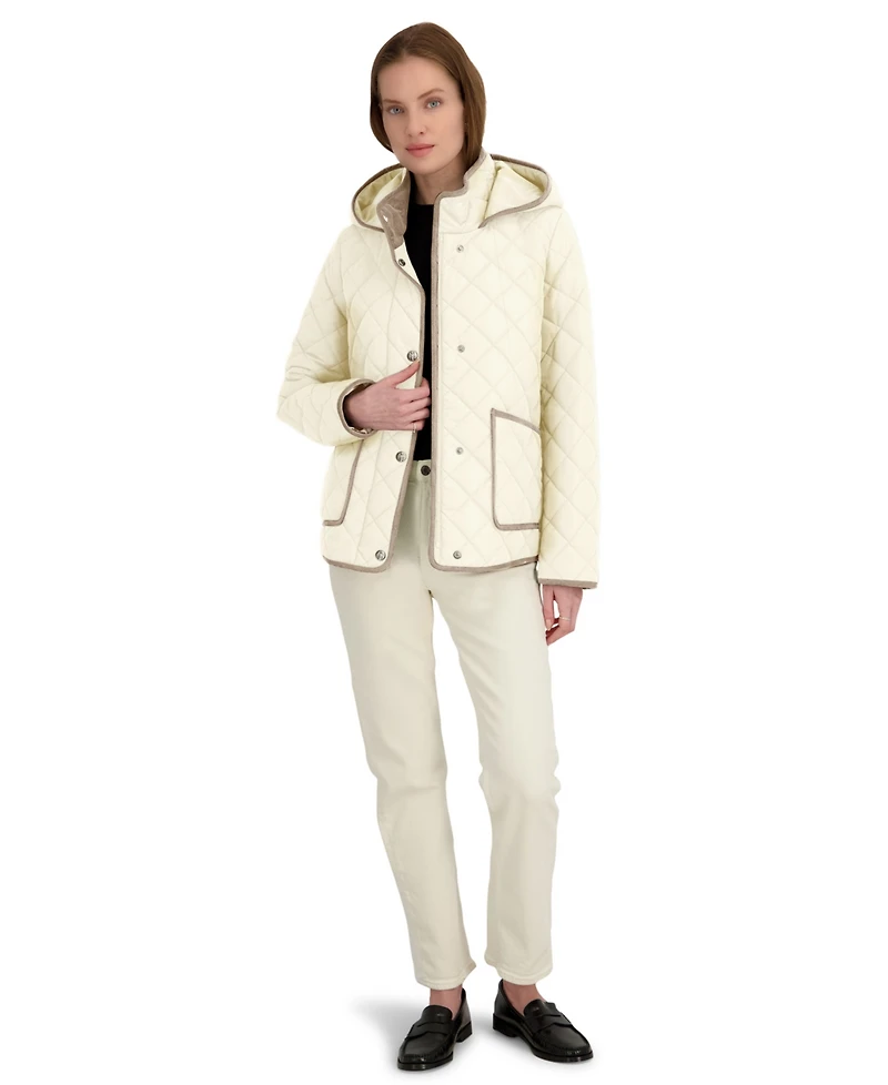 Tahari Women's Hooded Cordouroy Trim Quilted Coat