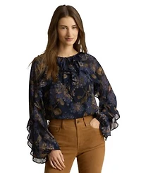 Lauren Ralph Lauren Womens Ruffle Trim Long Sleeve Blouse