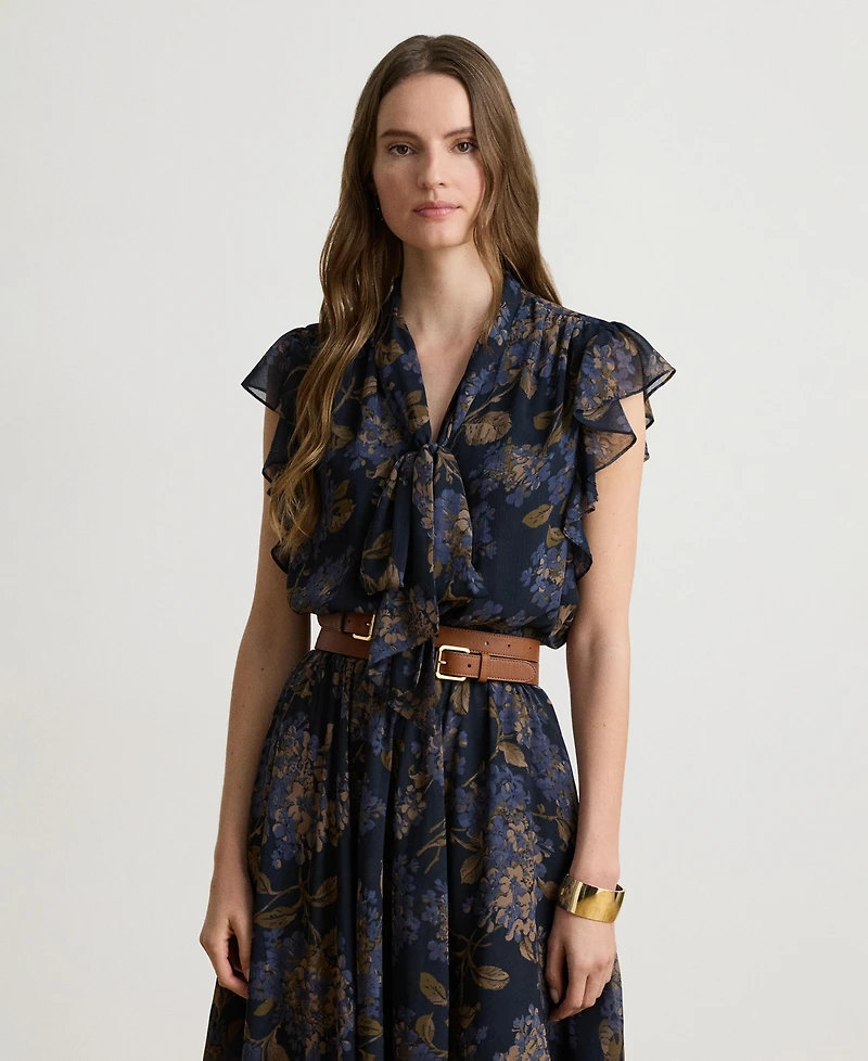 Lauren Ralph Women's Floral Crinkle Georgette Tie-Neck Midi Dress