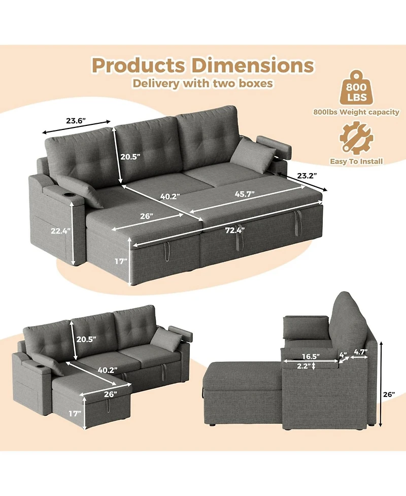 gaomon Sofa Bed, Sleeper Sofa with Storage, Pull Out Couch, Modern L Shaped Sectional Sofa with Pullout Bed, Reversible for Living Room
