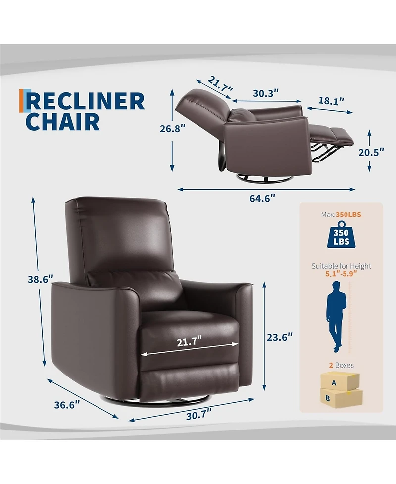 gaomon Manual 360degrees Swivel Rocker Recliner Chair Pu Leather Single Sofa for Living Room, Bedroom or Nursery High Back, Deep Seat, Padded Armrests