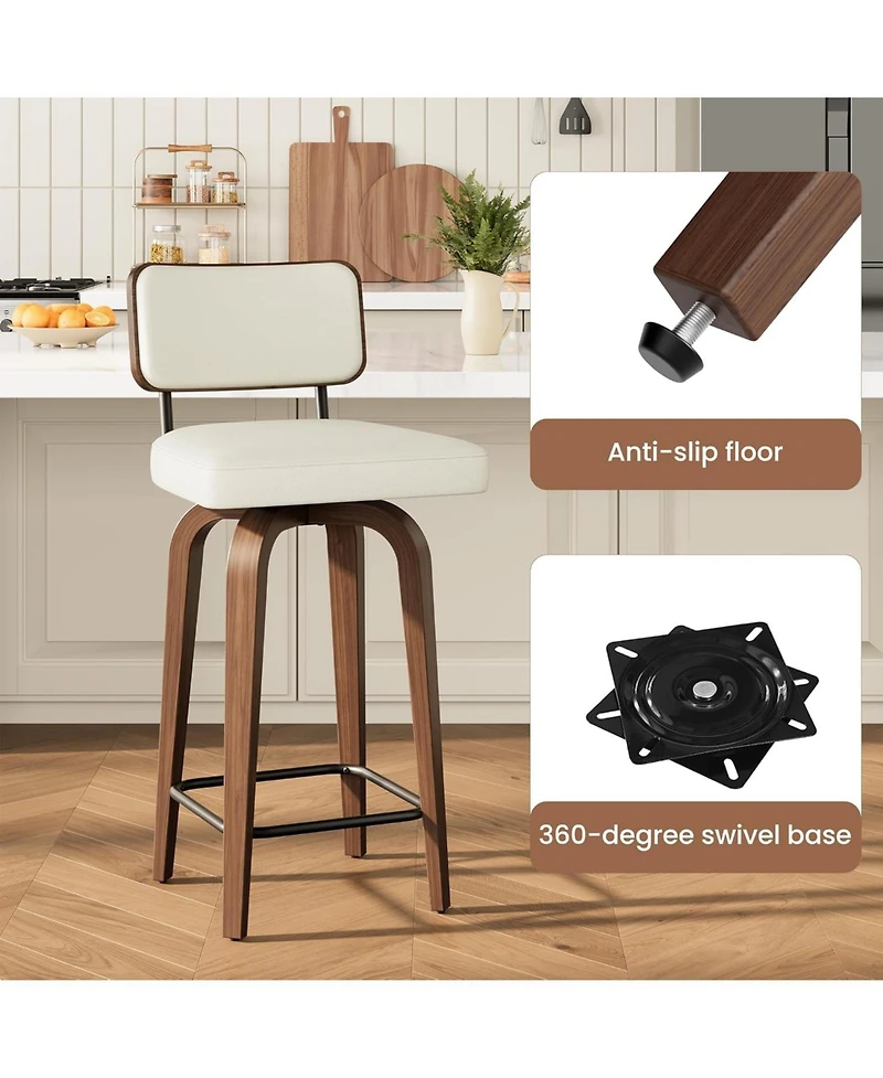 gaomon Set of 2 Swivel Bar Stools, 26 Inch Upholstered Counter Height Bar Stools with Back and Wood Legs